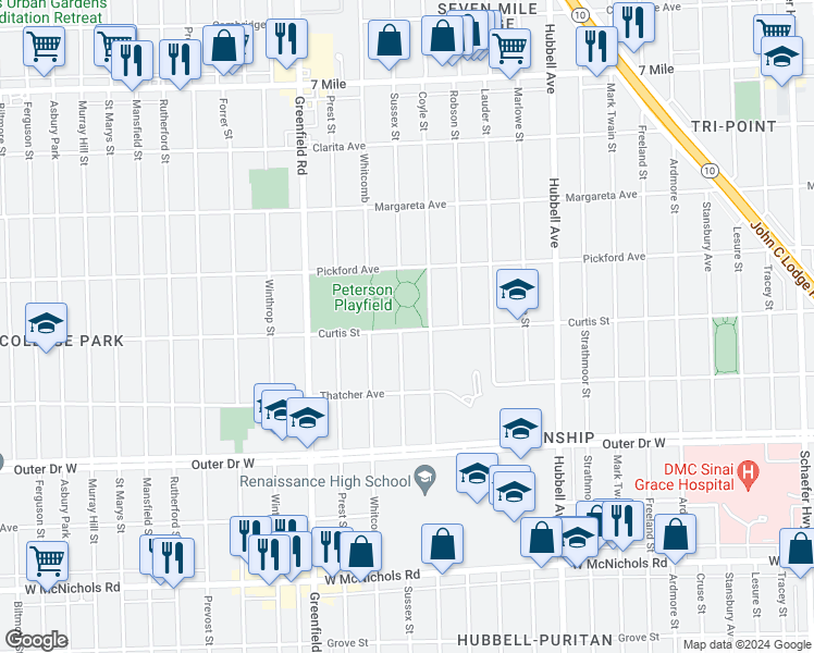 map of restaurants, bars, coffee shops, grocery stores, and more near 18201 Coyle Street in Detroit