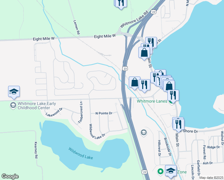 map of restaurants, bars, coffee shops, grocery stores, and more near 360 Barker Road in Whitmore Lake