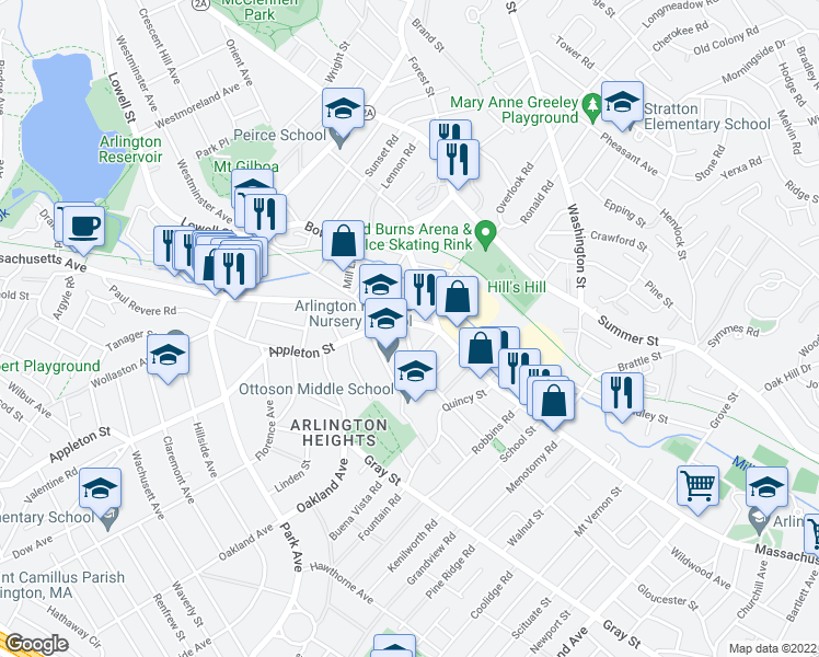 map of restaurants, bars, coffee shops, grocery stores, and more near 1194 Massachusetts Avenue in Arlington