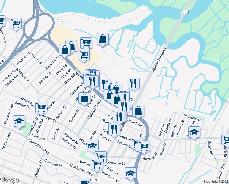map of restaurants, bars, coffee shops, grocery stores, and more near 85 Squire Road in Revere