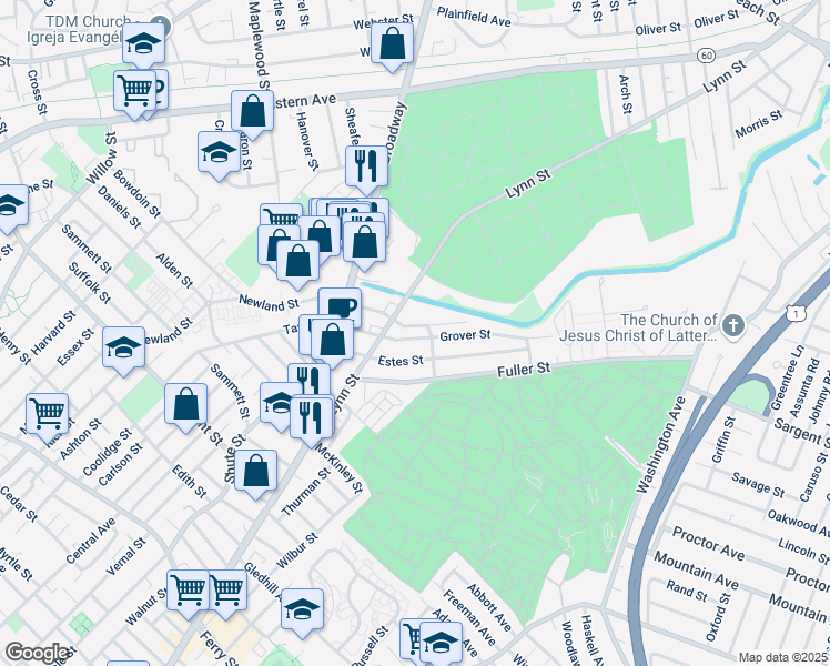map of restaurants, bars, coffee shops, grocery stores, and more near 59 Grover Street in Everett