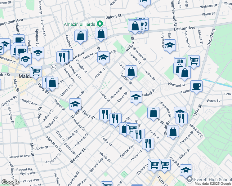 map of restaurants, bars, coffee shops, grocery stores, and more near 150 Essex Street in Malden