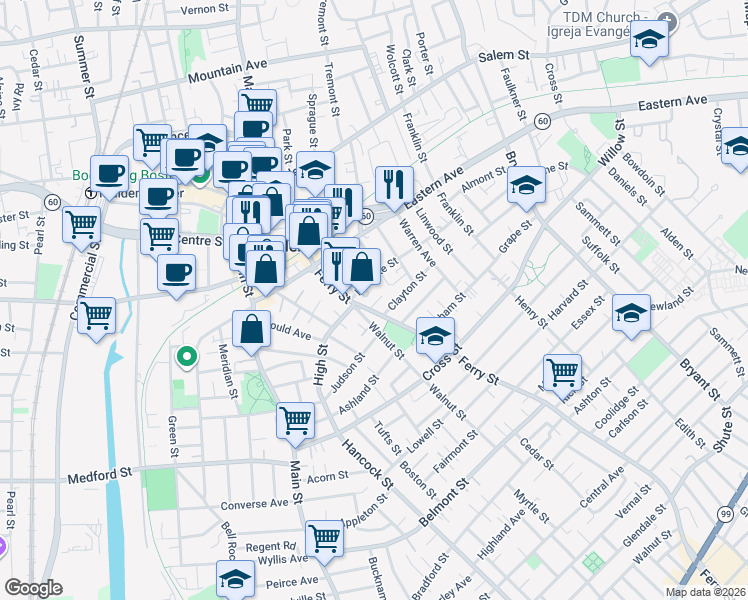 map of restaurants, bars, coffee shops, grocery stores, and more near 245 Ferry Street in Malden