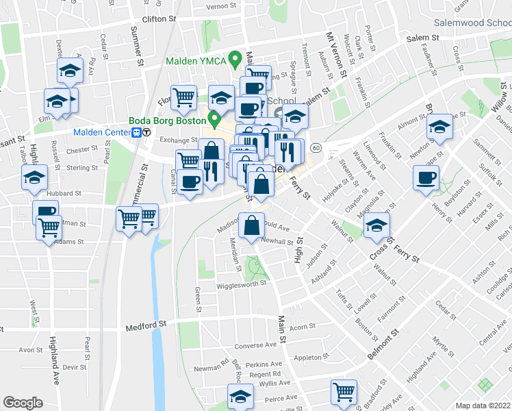 map of restaurants, bars, coffee shops, grocery stores, and more near 237 Main Street in Malden