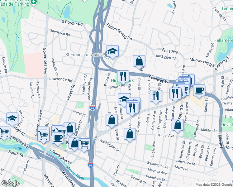 map of restaurants, bars, coffee shops, grocery stores, and more near 59 Court Street in Medford