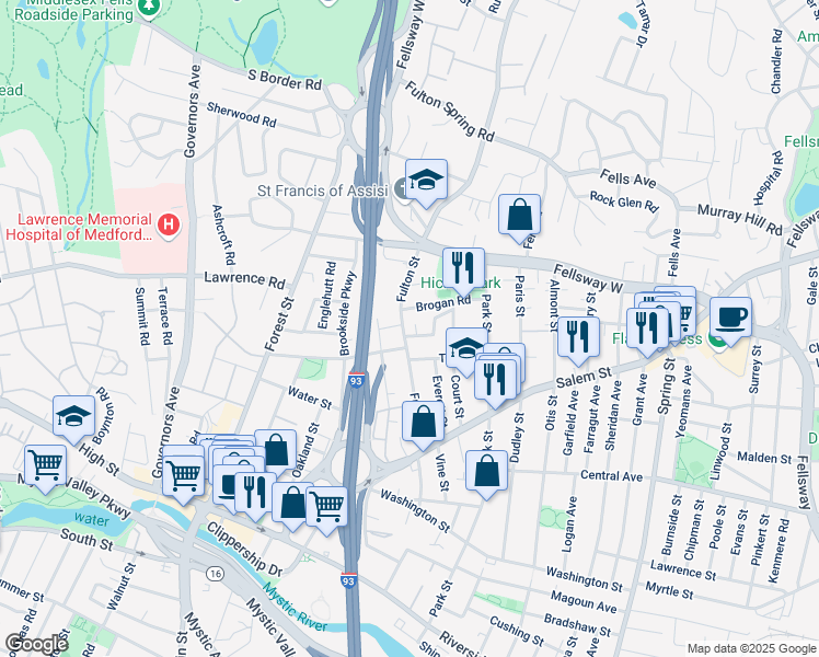 map of restaurants, bars, coffee shops, grocery stores, and more near 75 Fulton Street in Medford