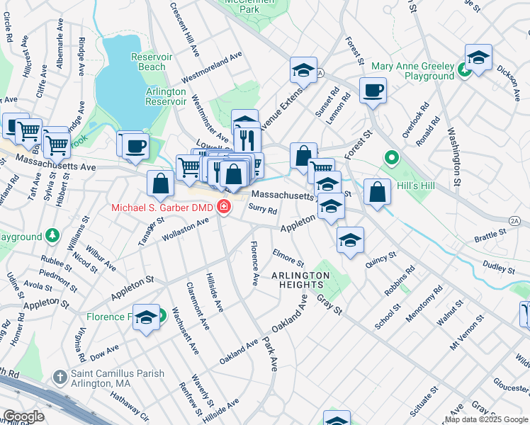 map of restaurants, bars, coffee shops, grocery stores, and more near 33A Paul Revere Road in Arlington