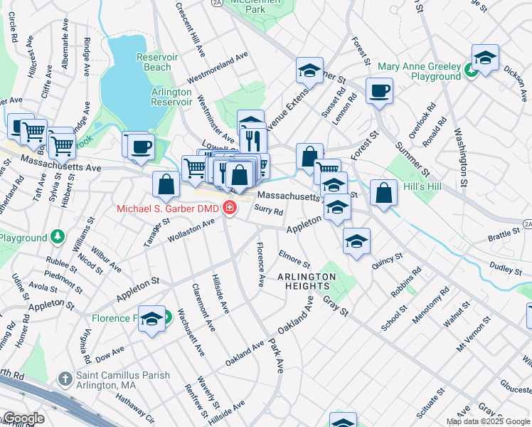 map of restaurants, bars, coffee shops, grocery stores, and more near 33A Paul Revere Road in Arlington