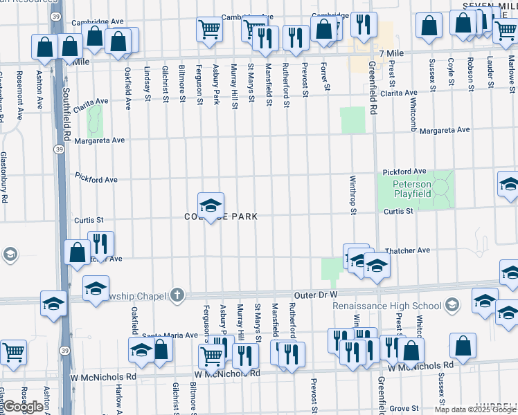 map of restaurants, bars, coffee shops, grocery stores, and more near 18220 Saint Marys Street in Detroit