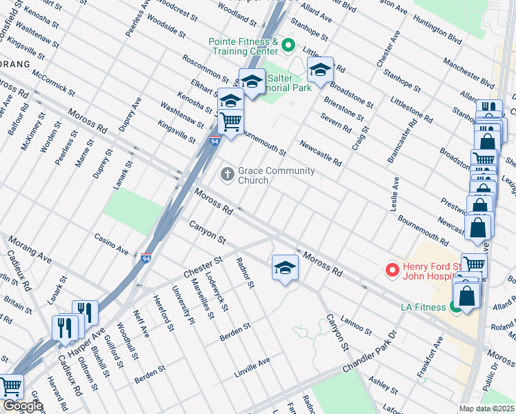 map of restaurants, bars, coffee shops, grocery stores, and more near 21207 Moross Road in Detroit
