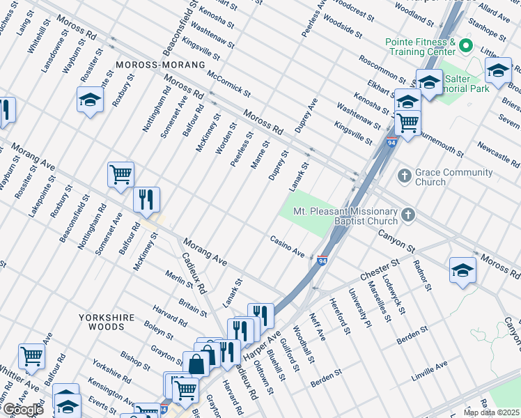 map of restaurants, bars, coffee shops, grocery stores, and more near 10660 Duprey Street in Detroit