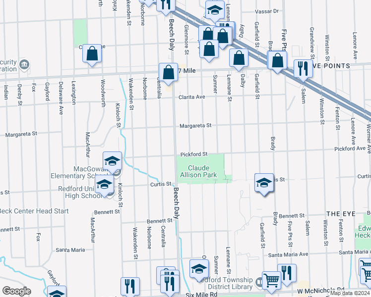 map of restaurants, bars, coffee shops, grocery stores, and more near 18409 Glenmore in Redford Charter Township