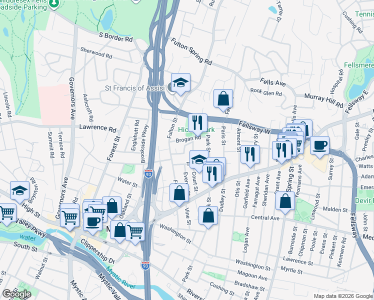 map of restaurants, bars, coffee shops, grocery stores, and more near 59 Court Street in Medford