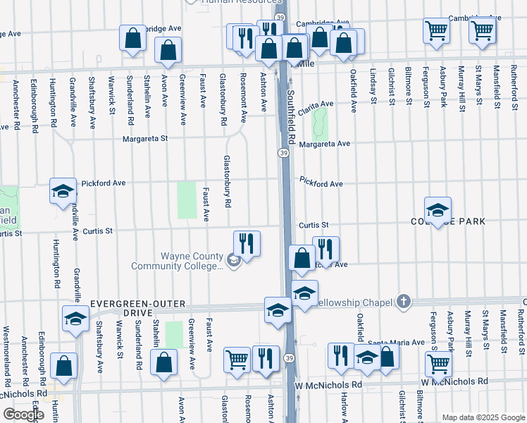 map of restaurants, bars, coffee shops, grocery stores, and more near 18241 Ashton Avenue in Detroit