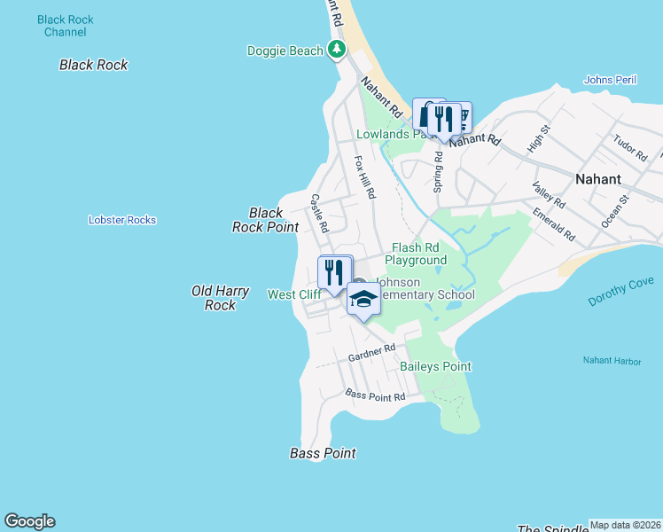 map of restaurants, bars, coffee shops, grocery stores, and more near 217 Castle Road in Nahant