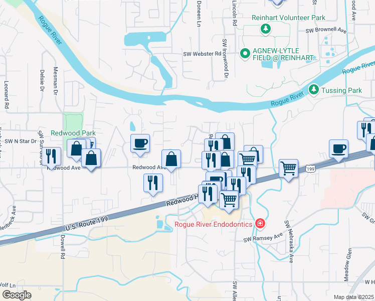 map of restaurants, bars, coffee shops, grocery stores, and more near 1357 Redwood Circle in Grants Pass
