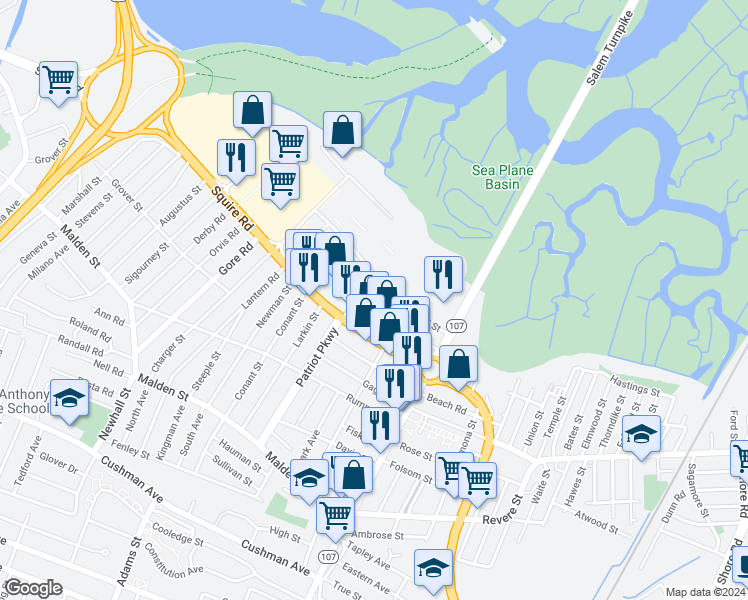 map of restaurants, bars, coffee shops, grocery stores, and more near 85 Squire Road in Revere