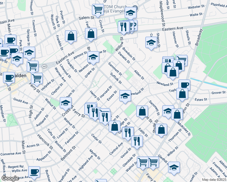 map of restaurants, bars, coffee shops, grocery stores, and more near 174 Mills Street in Malden