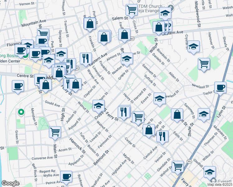 map of restaurants, bars, coffee shops, grocery stores, and more near in Malden