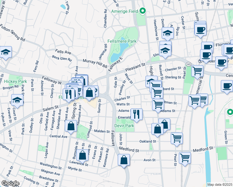 map of restaurants, bars, coffee shops, grocery stores, and more near in Malden
