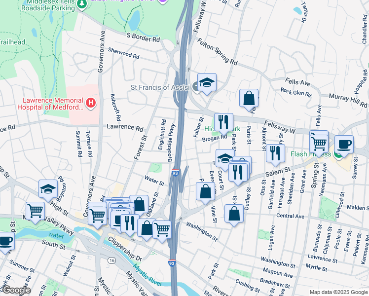 map of restaurants, bars, coffee shops, grocery stores, and more near 78 Webster Street in Medford