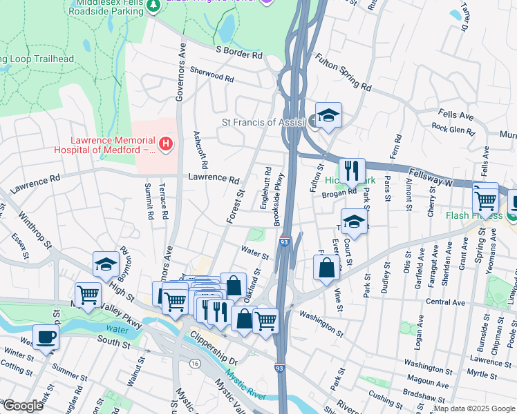map of restaurants, bars, coffee shops, grocery stores, and more near 23 Woodrow Avenue in Medford
