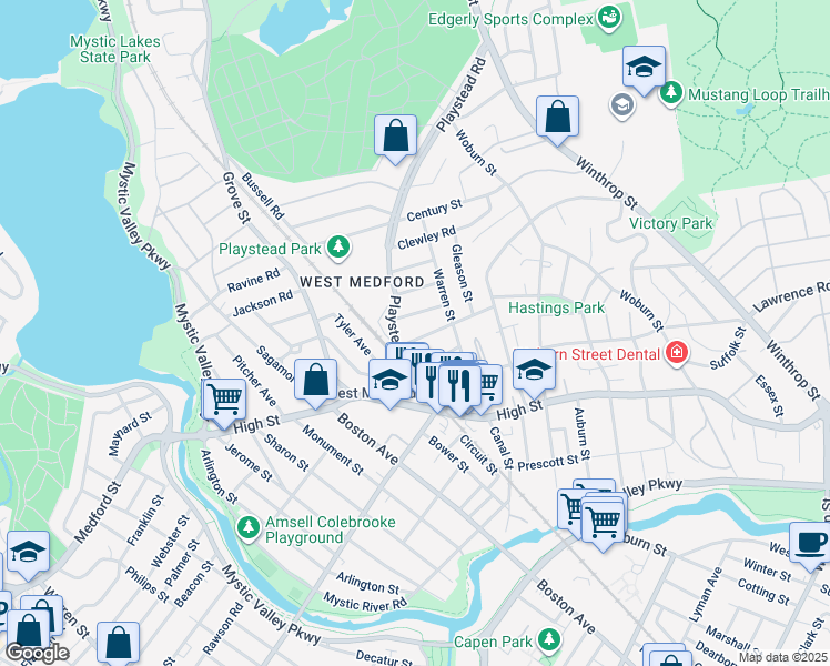 map of restaurants, bars, coffee shops, grocery stores, and more near 481 High Street in Medford