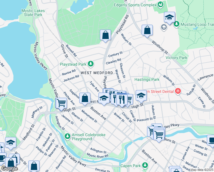 map of restaurants, bars, coffee shops, grocery stores, and more near 481 High Street in Medford