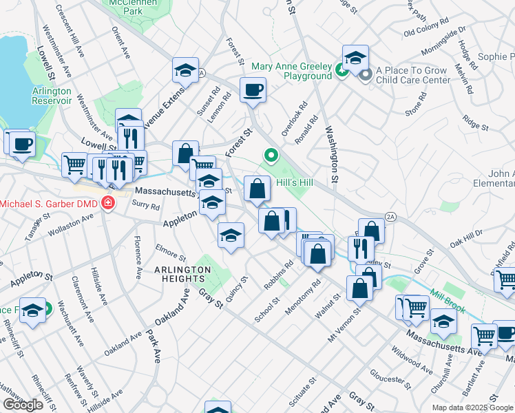 map of restaurants, bars, coffee shops, grocery stores, and more near 1145 Massachusetts Avenue in Arlington