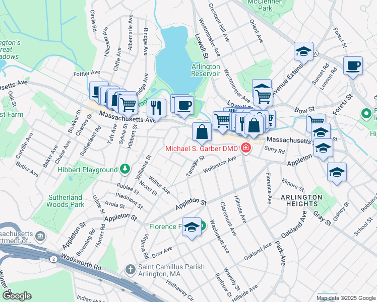 map of restaurants, bars, coffee shops, grocery stores, and more near 3 Inverness Road in Arlington