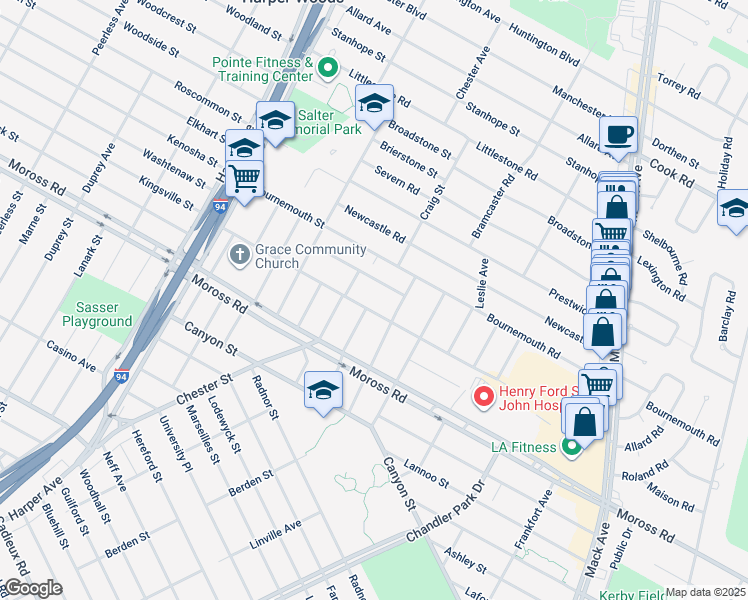 map of restaurants, bars, coffee shops, grocery stores, and more near 21535 Kingsville Street in Harper Woods