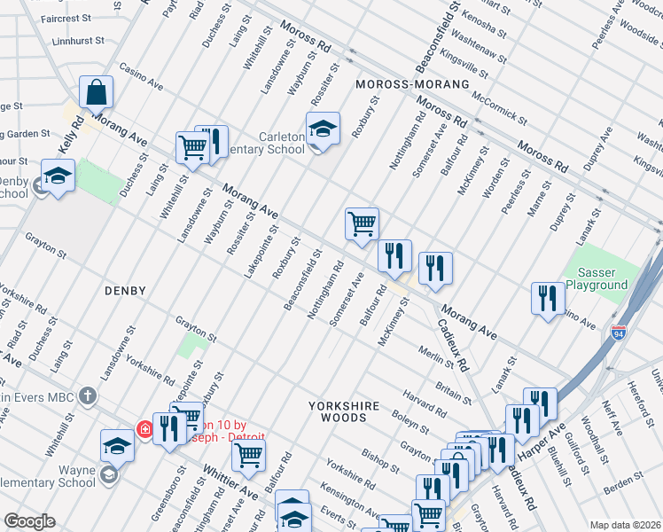 map of restaurants, bars, coffee shops, grocery stores, and more near 11089 Nottingham Road in Detroit