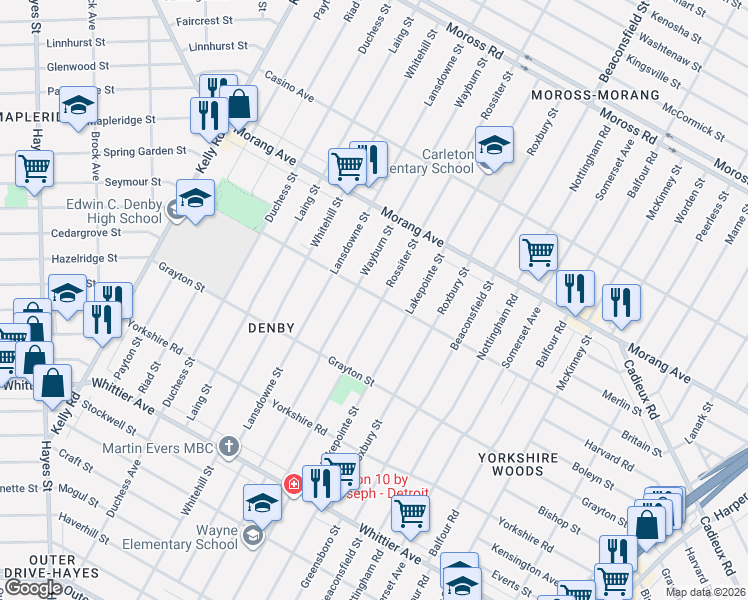 map of restaurants, bars, coffee shops, grocery stores, and more near 11421 Rossiter Street in Detroit
