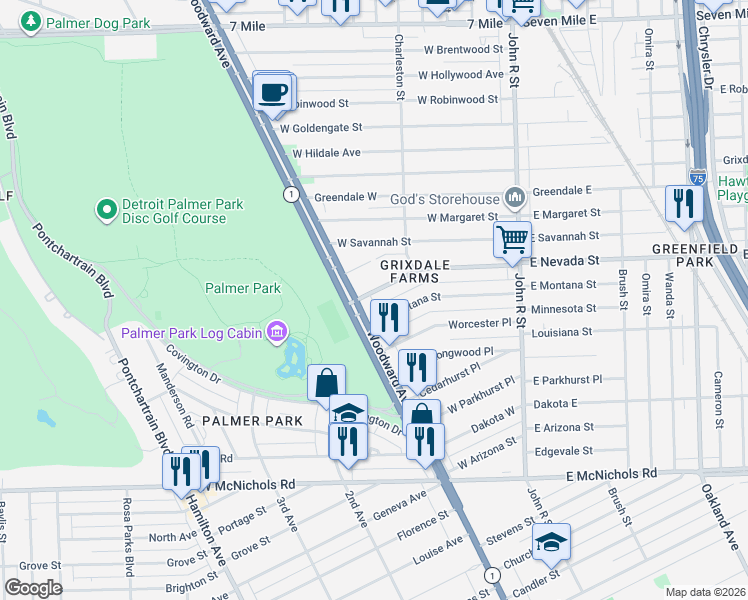 map of restaurants, bars, coffee shops, grocery stores, and more near 17950 Michigan 1 in Detroit