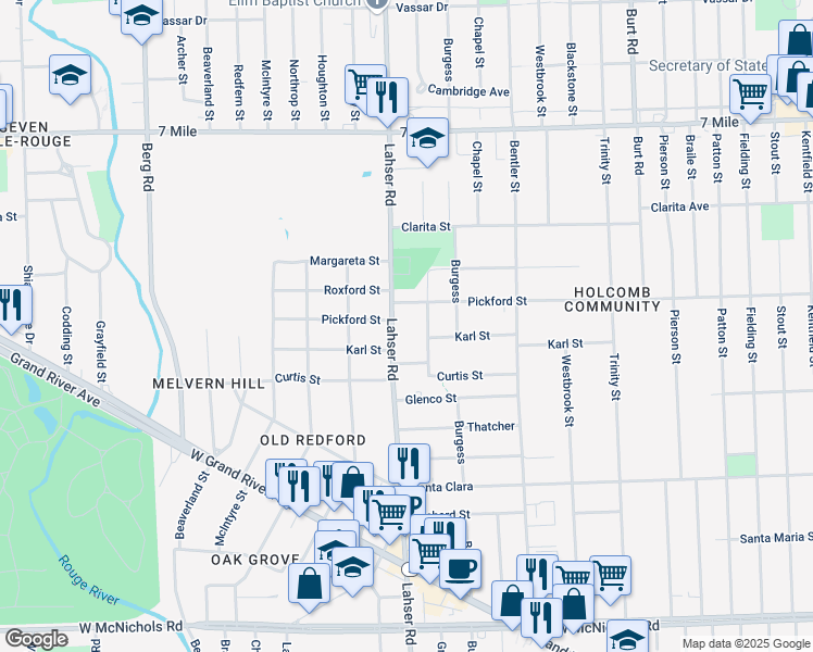 map of restaurants, bars, coffee shops, grocery stores, and more near 18300-18330 Lahser Road in Detroit