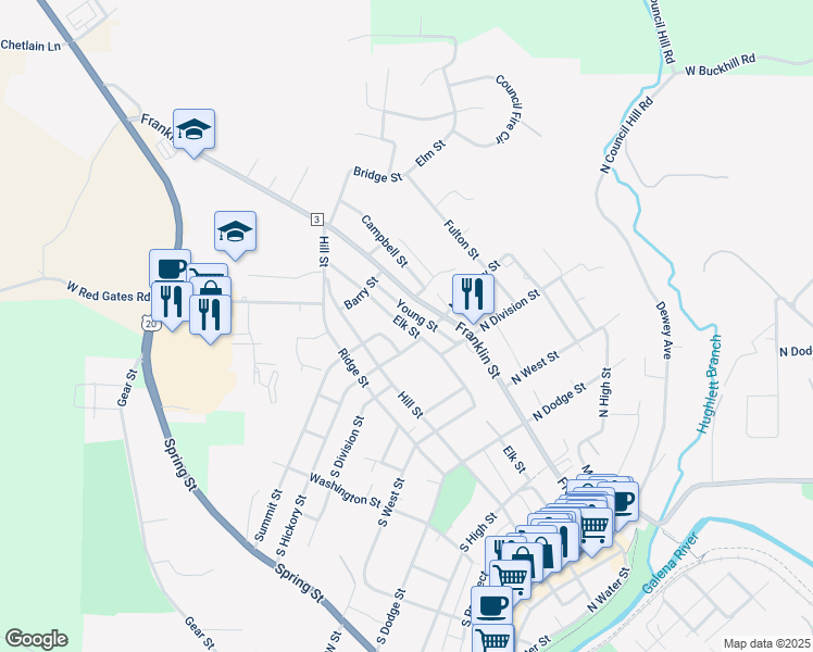map of restaurants, bars, coffee shops, grocery stores, and more near 840 Elk Street in Galena