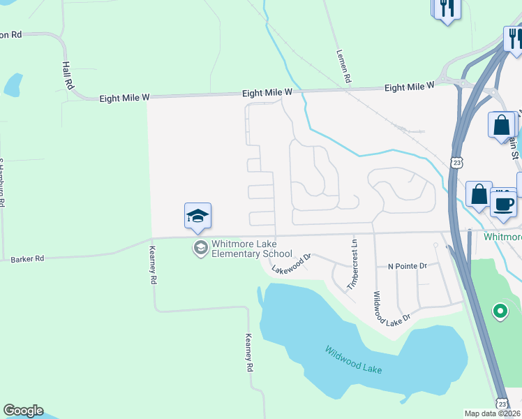 map of restaurants, bars, coffee shops, grocery stores, and more near 555 Turquoise Drive in Whitmore Lake