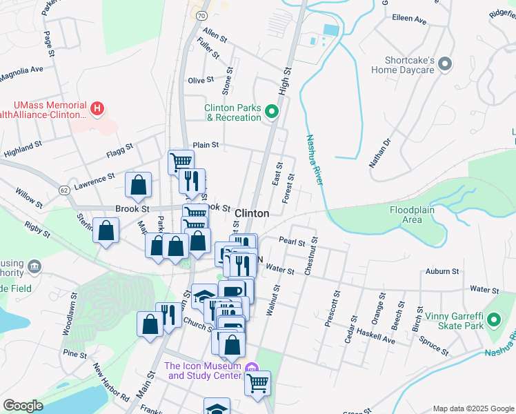 map of restaurants, bars, coffee shops, grocery stores, and more near 421 High Street in Clinton