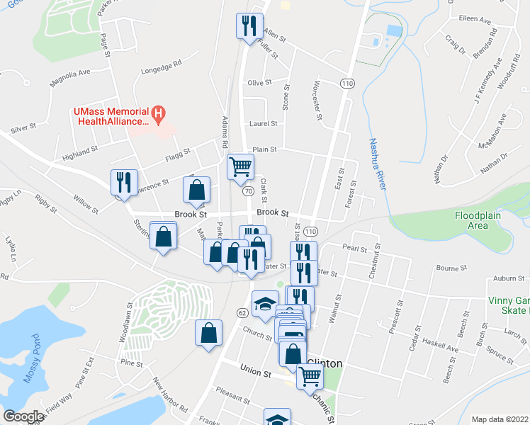 map of restaurants, bars, coffee shops, grocery stores, and more near 74 Clark Street in Clinton