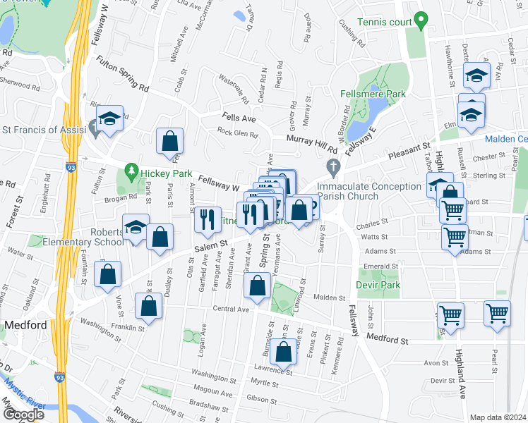 map of restaurants, bars, coffee shops, grocery stores, and more near 52 Lambert Street in Medford