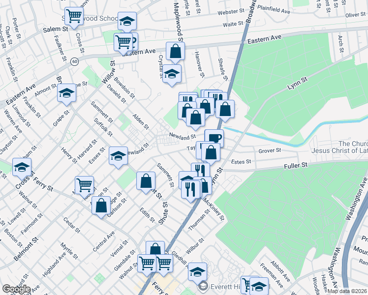 map of restaurants, bars, coffee shops, grocery stores, and more near 73 Taylor Street in Malden