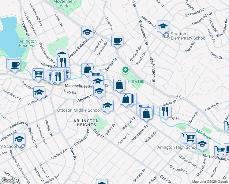 map of restaurants, bars, coffee shops, grocery stores, and more near 1173 Massachusetts Avenue in Arlington