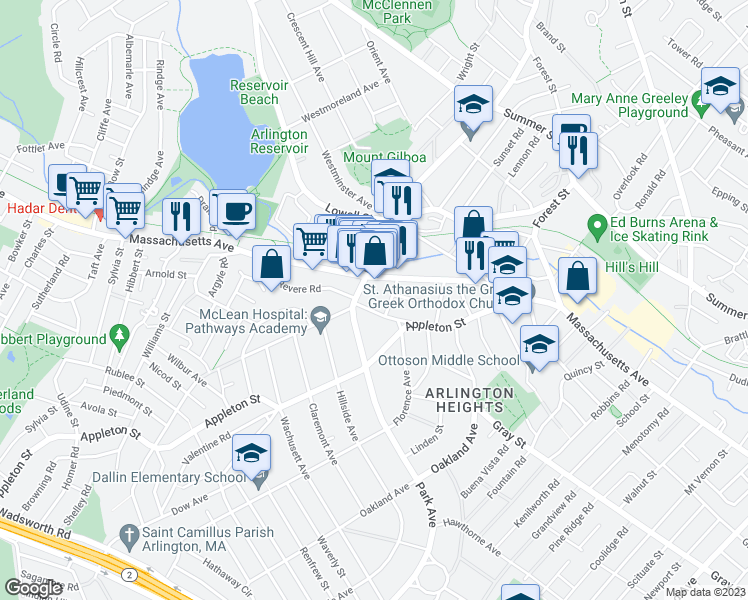 map of restaurants, bars, coffee shops, grocery stores, and more near 28 Paul Revere Road in Arlington