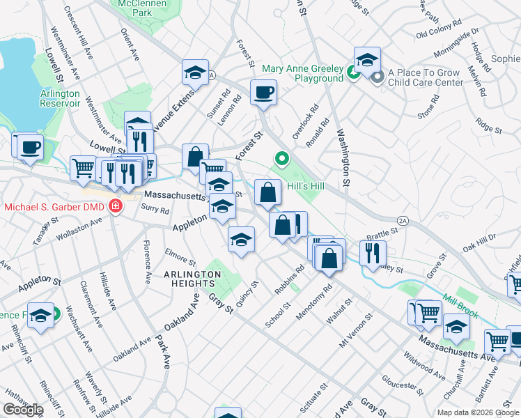 map of restaurants, bars, coffee shops, grocery stores, and more near 1171 Massachusetts Avenue in Arlington