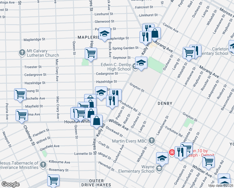 map of restaurants, bars, coffee shops, grocery stores, and more near 12605 Kelly Road in Detroit