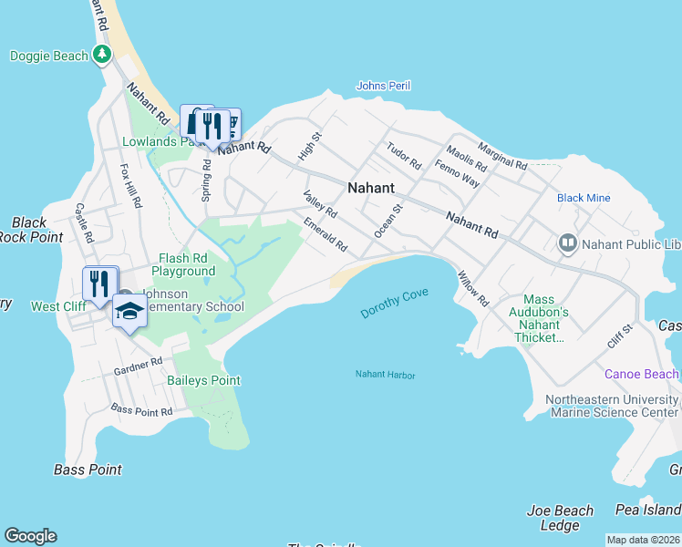 map of restaurants, bars, coffee shops, grocery stores, and more near 71 Willow Road in Nahant