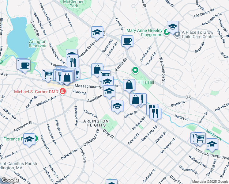 map of restaurants, bars, coffee shops, grocery stores, and more near Massachusetts Avenue in Arlington