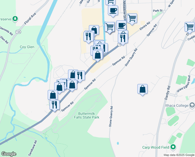 map of restaurants, bars, coffee shops, grocery stores, and more near 571 Spencer Road in Ithaca