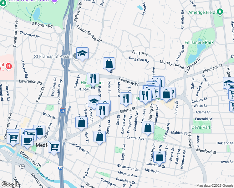 map of restaurants, bars, coffee shops, grocery stores, and more near 42 Almont Street in Medford