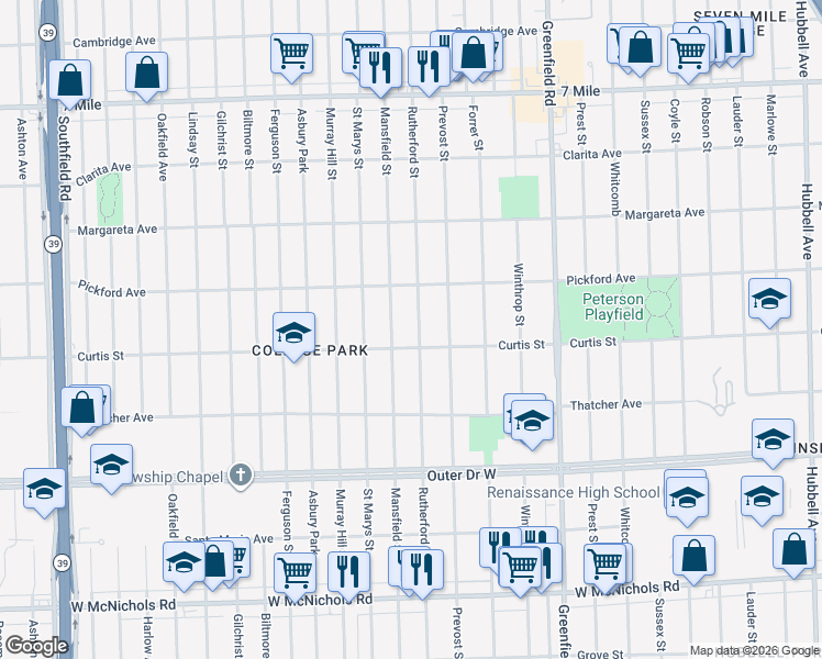 map of restaurants, bars, coffee shops, grocery stores, and more near 16007 Curtis Street in Detroit